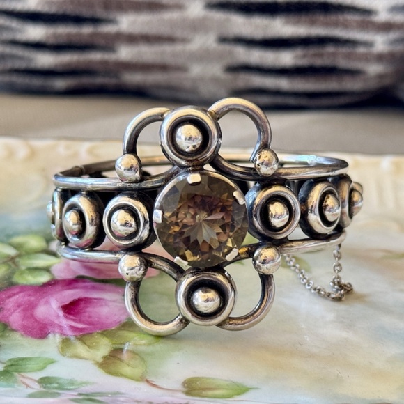 Vintage Mexico 925 Sterling Silver Smoky Quartz Bangle...
